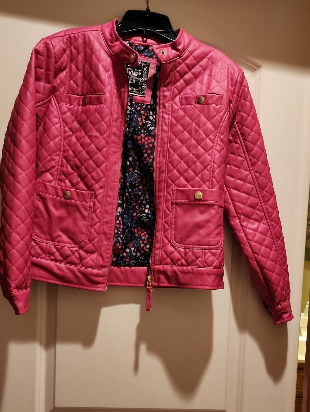 YMI Girls Collection Quilted Hot Pink Faux Leather Jacket Floral Lining L(14)GUC